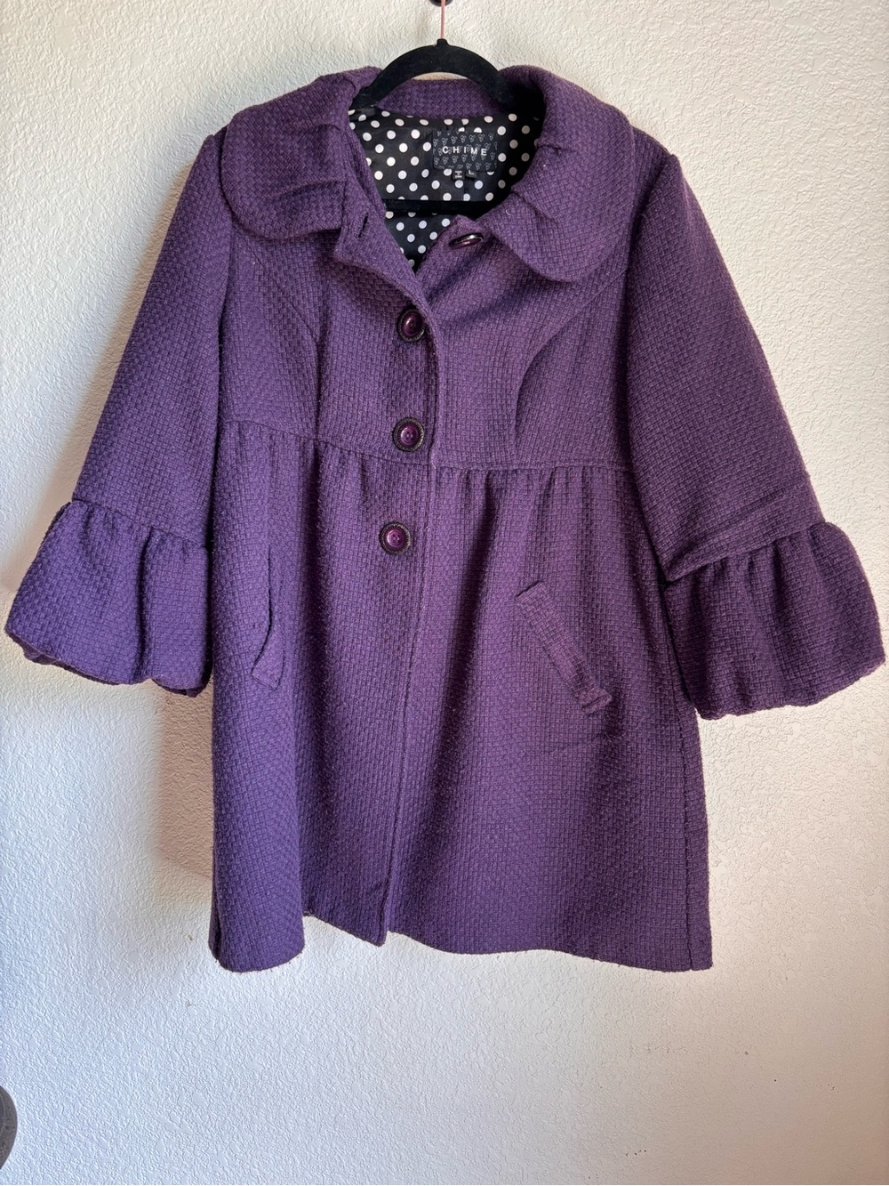Vintage Eggplant Purple Peplum Wool blend Fall Winter PeaCoat lined polka Dot